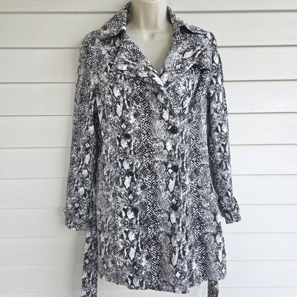 ED HARDY Black White Snake Print Belt Appliqued Rhinestones Trench Coat - Picture 9 of 13